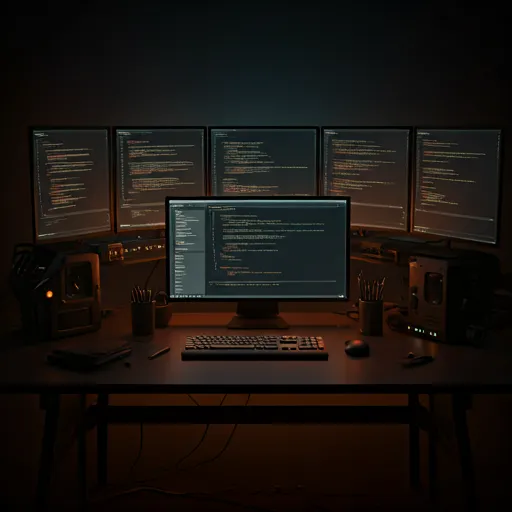 Stanowisko pracy HELLCODES — biurko programisty z monitorami w klimacie kuźni kodu